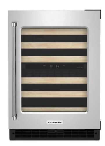 KitchenAid - 46-Bottle Dual Zone Wine Cellar with Glass Door and Wood-Front Racks - Stainless Steel New On Working $2999