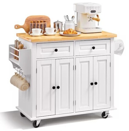 VEVOR Kitchen Island Cart with Solid Wood Top, 35.4" Width Mobile Carts with Storage Cabinet, Rolling Kitchen Table with Spice Rack, Towel Rack, and Drawer, Portable Islands on Wheels, White New in Box $299