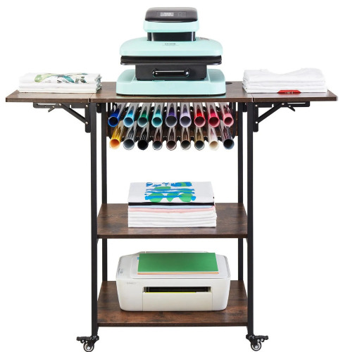 VEVOR Heat Press Table, 3 Tier Movable Heat Press Stand, Foldable Heat Transfer Machine Stand with Wheels and Vinyl Roll Holder, Rolling Metal Workbench for Sublimation Transfer Machine, Brown New In Box $199