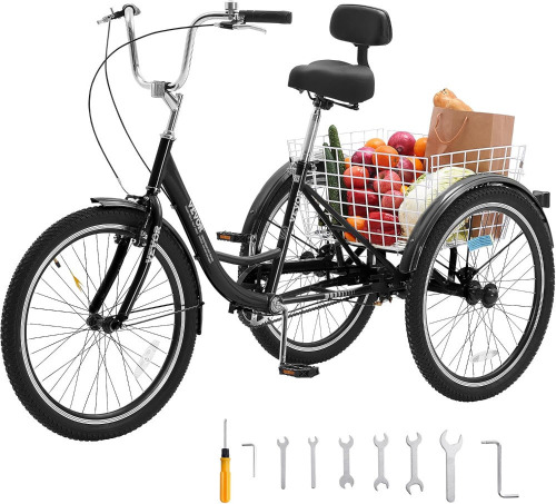 VEVOR Adult Tricycles Bike, 7 Speed Adult Trikes, 24 Inch Three-Wheeled Bicycles, Carbon Steel Cruiser Bike with Basket and Adjustable Seat, Picnic Shopping Tricycles for Seniors, Women, Men (Black) New in Box $599