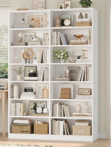 Ebern Designs Beetner 84"H X 46"W Double Wide Standard Bookcase, 7-Tier Open Bookcase, 14-Cube Storage Shelf New in Box $699