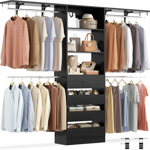 Aheaplus Closet System with 4 Drawers, 8FT Wood Closet Organizer System in Black New in Box $399