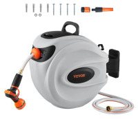 VEVOR Retractable Hose Reel, 65 ft x 5/8 inch, 180&deg; Swivel Bracket Wall-Mounted, Garden Water Hose Reel with 9-Pattern Nozzle, Automatic Rewind, Lock at Any Length, and Slow Return System New In Box $199