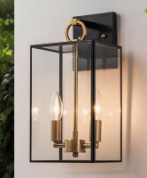Mercer41 2-light Black+brass Outdoor Wall Lantern With E12 Base Socket And Clear Tempered Glass Shade / 17 Stories 1-Light Modern Outdoor Wall Lantern Sconce with Clear Glass Shade / Assorted New In Box $199