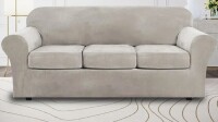 Mercer41 Modern Soft Velvet Plush 4 Piece High Stretch Sofa Slipcover Furniture Protector Luxury Thick Velvet Sofa Cover for 3 Cushion Couch Machine Washable - Oatmeal / Grey Assorted $99