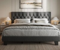 Mercer41 King Upholstered Bed Frame with Headboard, Button Tufted Linen Bed Base, Platform Bed with Wood Slat, Heavy Duty, Easy Assembly, No Box Spring Needed,Dark Grey New in Box $599