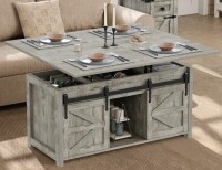 Gracie Oaks Jaquavion Farmhouse Lift Top Coffee Table, 4-in-1 Convertible Coffee Table with Hidden Storage and Sliding Barn Door in Rustic Gray New in Box $599
