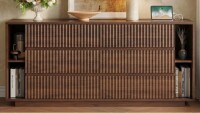 Wrought Studio Fluted 6 Drawer Dresser with Shelves, 63'' Wide 17.7'' Depth Large Chest of Drawers for Bedroom, Modern TV Stand, Wood Closet Storage Organizer in Walnut New in Box $499