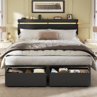 Forestell Queen Bed Frame with Wood Headboard,2 Storage Drawers & Shelf With Built-in Charging Station & LED Lights, Smart RGB, USB+Type-C New in Box $499