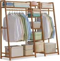 MoNiBloom Bamboo 5-Tier Garment Rack with 2 Hanging Rods Free Standing Heavy Duty Clothing Rack Wardrobe Closet Organizer for Bedroom Living Room, Brown New In Box $199