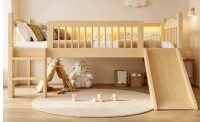 Trinx Low Loft Bed, Wooden Loft Bed with LED Light, Slide and Full Guardrail, Solid Wood Kids Low Loft Bed with Stairs and Storage Shelves, Wooden Slide Bed for Children Bedroom Playroom, No Box Spring Needed New in Box $499