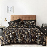 WONGS Bedding Black and Gold Comforter Set Queen Size, 7 Pieces Floral Bed in a Bag Botanical Microfiber Bedding Comforter Set $199