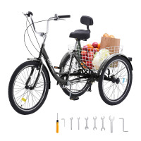 VEVOR Adult Tricycles Bike, 7 Speed Adult Trikes, 24 Inch Three-Wheeled Bicycles, Carbon Steel Cruiser Bike with Basket and Adjustable Seat, Picnic Shopping Tricycles for Seniors, Women, Men (Black) New in Box $599