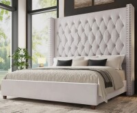 Willa Arlo Interiors Duluth King Cream Diamond-Tufted Wingback Upholstered Platform Bed New in Box $699