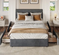 Latitude Run Candler Queen Bed With 4 Drawers And Headboard, Velvet Upholstered Platform Bed, Sturdy Metal & Wooden Slats Support, No Box Spring Needed, Easy Assembly in Gray New in Box $699