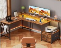 Ebern Designs 66 Inch L-Shaped Computer Desk with LED Lights, Power Outlets, Drawers & Printer Stand, Convertible Gaming Desk New in Box $699
