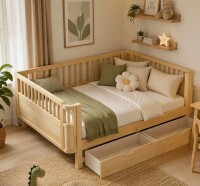 Gracie Oaks Full Size Wood Platform Bed for Kids, Wood Low Profile Full Bed with Rails for Girls and Boys, Natural New in Box $499