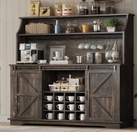 Gracie Oaks Abrianna 55'' Farmhouse Coffee Bar Cabinet with Tier Storage & Wine Racks New in Box $599