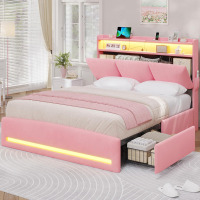 Wrought Studio Full Beds Upholstered Bed Frame with 4 Drawers and LED Lights in Pink New in Box $399
