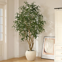 Primrue Adcock 8' H Artificial Ficus Tree in 18" White Planter, New in Box $599
