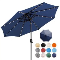 Sun-Ray 9' Steel Round Market Solar Lighted Patio Umbrella with 8-Rib, 32-LED in Navy, New in Box $299