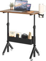 ErGear Mobile Standing Desk with Wheels, Adjustable Height 28.3? to 46.1?, Rolling Laptop Cart with Cup Holder, Storage Basket, Computer & Pen Slot, Home Office Stand Up Desk, Walnut (31.5? x 15.75?) New In Box $299