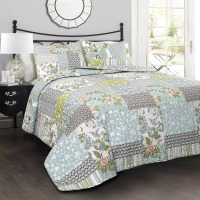 Lush Decor Full/Queen-Blue Roesser Quilt | Patchwork Floral Reversible Print Pattern Country Farmhouse Style 3 Piece Bedding Set New In Box $299