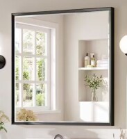 Bonosuki Modern 36 in. H x 36 in. W Aluminum Double Beveled Frame Wall Mounted Bathroom Vanity Miror, Brushed Black New In Box $299