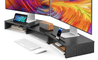 AMERIERGO Dual Monitor Stand Riser for Desk, Office Desk Organizer Stand Adjustable Length & Swivel Angle, Multifunctional Desktop Wooden Computer Monitor Stand for PC, Laptop, Printer, Black New In Box $79