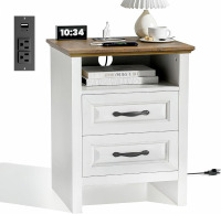 Amada Nightstand with Charging Station Farmhouse, 18.9 Inch Wide Bedside Table with 2 Drawers, USB A Port, USB C Port, 2 AC Outlets, Rustic Farmhouse End Table for Bedroom, Washed White New Open Box $299