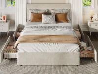 Latitude Run Candler Queen Bed With 4 Drawers And Headboard, Velvet Upholstered Platform Bed, Sturdy Metal & Wooden Slats Support, No Box Spring Needed, Easy Assembly in Beige New in Box $699