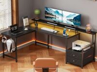 Ebern Designs 66 Inch L-Shaped Computer Desk with LED Lights, Power Outlets, Drawers & Printer Stand, Convertible Gaming Desk New in Box $699