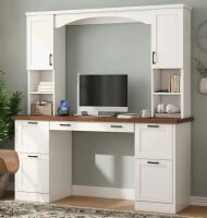 August Grove Farmhouse Computer Desk with Hutch, Charging Station & Keyboard Tray New in Box $699