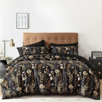 WONGS Bedding Black and Gold Comforter Set Queen Size, 7 Pieces Floral Bed in a Bag Botanical Microfiber Bedding Comforter Set $199