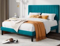 Ebern Designs Full Size Bed Frame, Velvet Upholstered Platform Bed Frame with Headboard Vertical Channel Tufted, Adjustable Headboard Height Fits 8-12" Mattress, Noise Free No Box Spring Needed New in Box $399