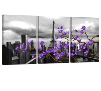 Zlove 3 Pieces Paris Landscape Canvas Wall Art Eiffel Tower with Purple Magnolia Flowers Abstract Cityscape Artwork Giclee Print for Living Room Decor Ready to Hang 16x24inch / Sheffield Home 20 Inch Round Tree of Life Wood Wall Décor, Natural Finish New 